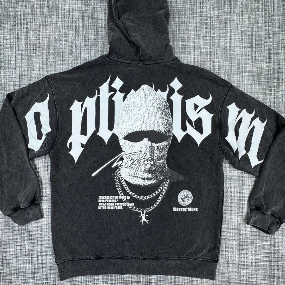 ROMWE Optimism Graphic Hoodie Large Black Balaclava Print Long Sleeve Pullover